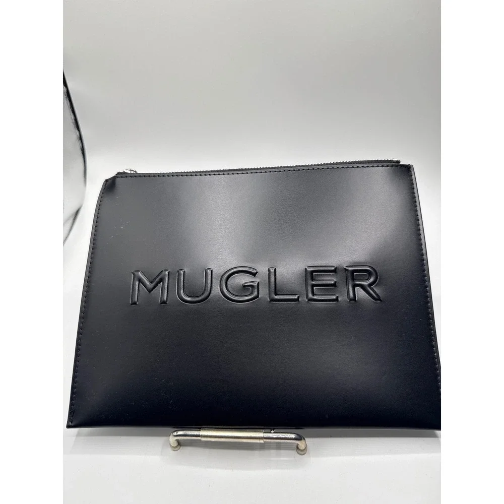 Mugler Black Faux Leather Embossed Logo Zip Top Clutch Bag Accessory